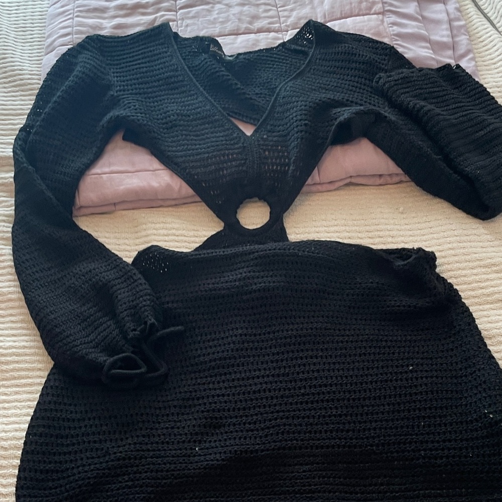 Black Crochet Cutout Dress with Ring Detail